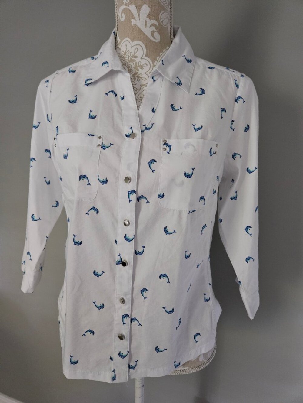 Women`s Coral Bay Dolphin Print Button down 3/4 Sleeve Blouse PM